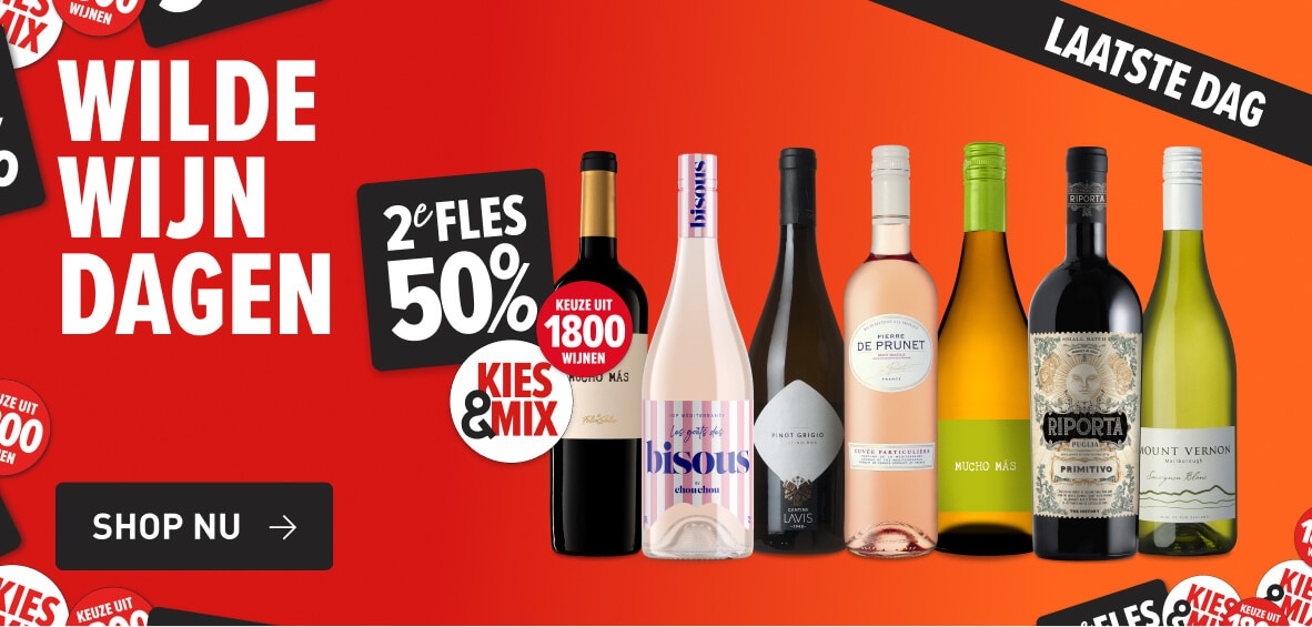 Wilde Wijn Dagen. Keuze uit 1800 wijnen 2e fles 50% korting kies & mix. Laatste dag